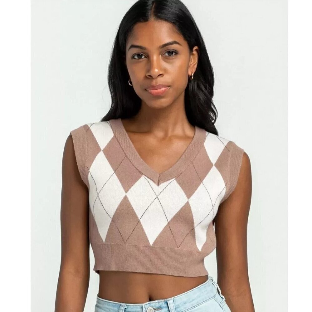 RSQ Tilly's Viscose Sleeveless V-Neck Argyle Preppy Sweater Vest Brown Junior M